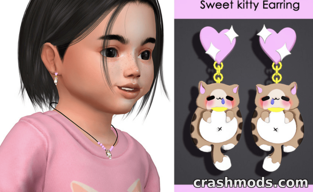A toddler sim showcases adorable "Sweet kitty" earrings featuring cute cat designs and pastel colors.