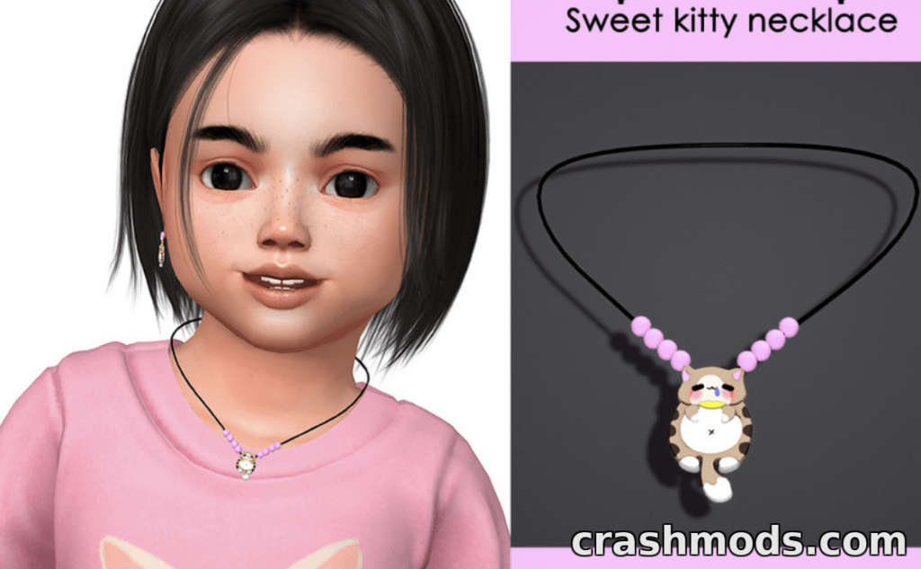 A toddler sim wears a cute pink "Sweet kitty" necklace featuring a playful cat charm, enhancing her adorable look.