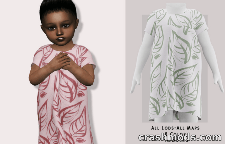 A toddler sim models the "T-Dress No.77" in pink with leaf patterns, alongside a green version on a mannequin.