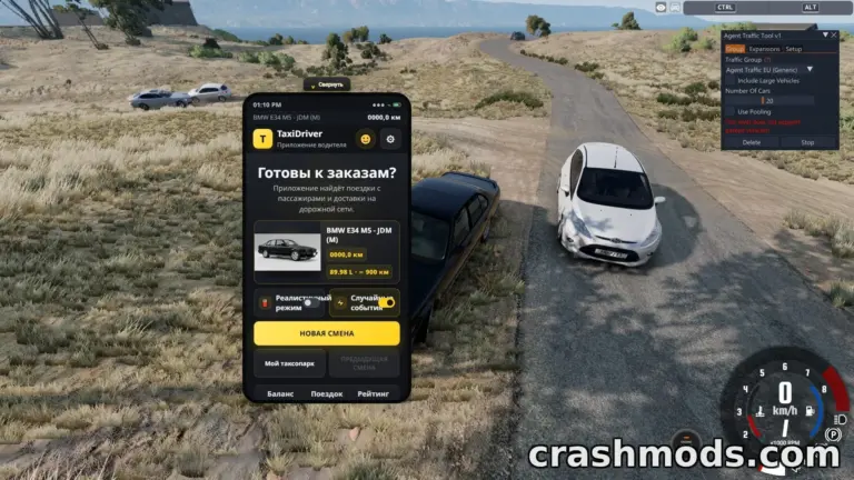 A player interacts with the TaxiDriver mod interface in BeamNG.drive, showcasing a damaged car and a taxi order screen.