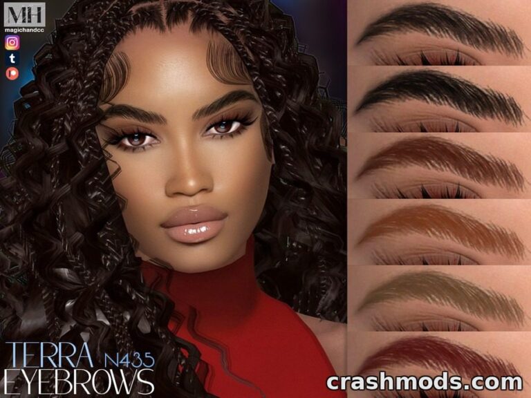 Showcasing the "Terra Eyebrows N435" mod for The Sims 4, featuring diverse eyebrow styles and a detailed character portrait.