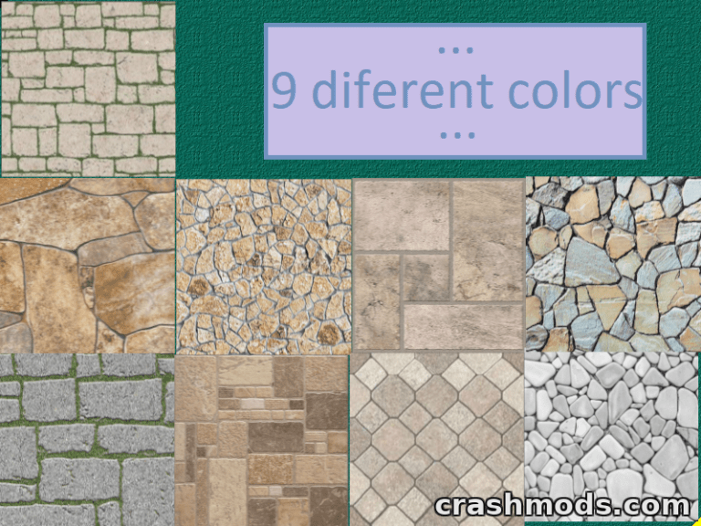 Nine unique terrace floor textures in various colors for The Sims 4, showcasing diverse stone and tile designs.