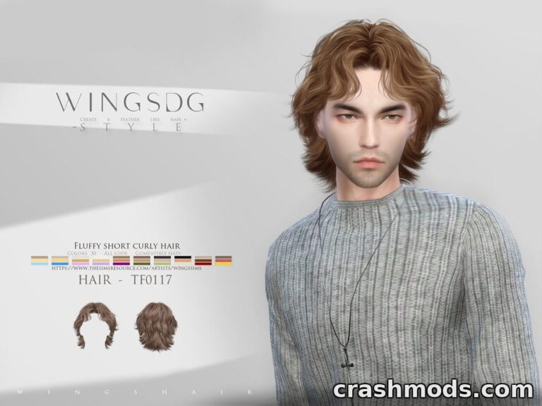 A male Sim showcases the "TF0117-Fluffy short curly hair" mod, featuring a stylish, textured hairstyle.