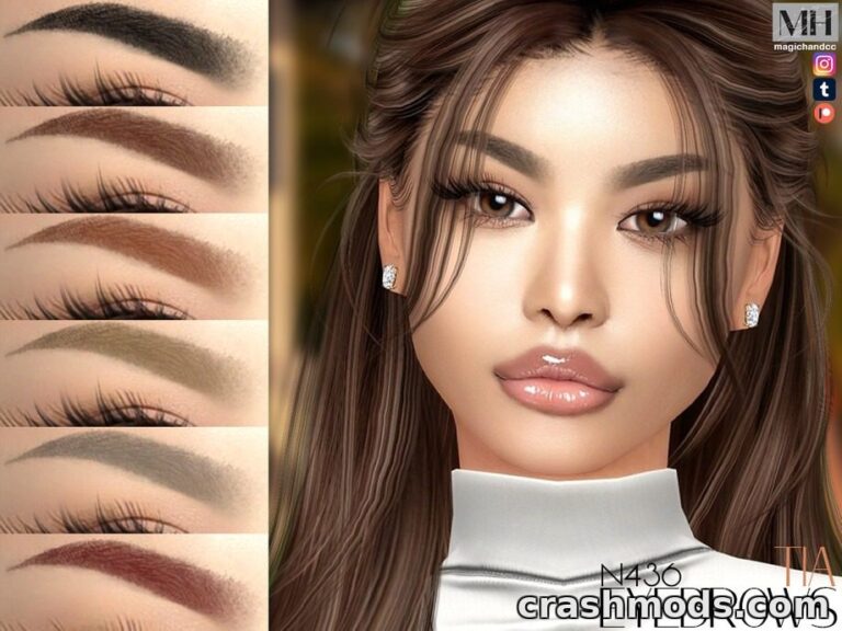 Showcases the "Tia Eyebrows N436" mod for The Sims 4, featuring various eyebrow styles and a detailed character portrait.