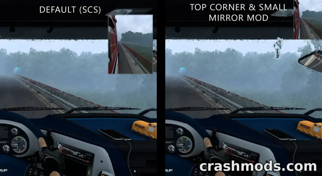 Comparison of Euro Truck Simulator 2's default view versus the "Top Corner & Small Mirrors" mod, showcasing enhanced visibility.