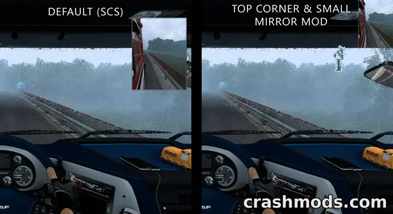 Comparison of Euro Truck Simulator 2's default view versus the "Top Corner & Small Mirrors" mod, showcasing enhanced visibility.