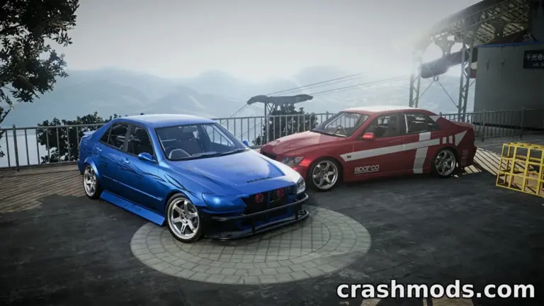 Two modified Toyota Altezza cars, one blue and one red, showcased in a scenic outdoor setting in BeamNG.drive.