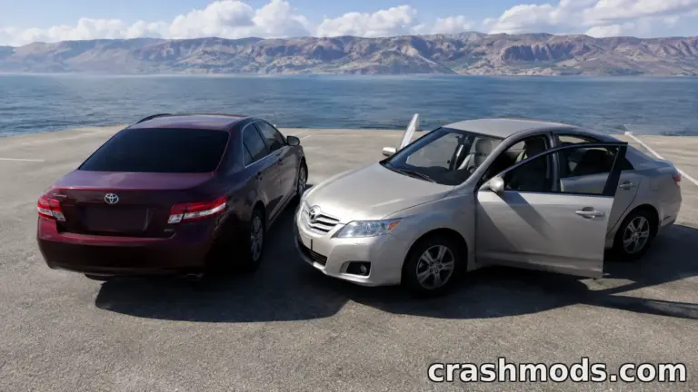 Two Toyota Camry models from 2008-2011 parked by a scenic waterfront, showcasing detailed modding in BeamNG.drive.