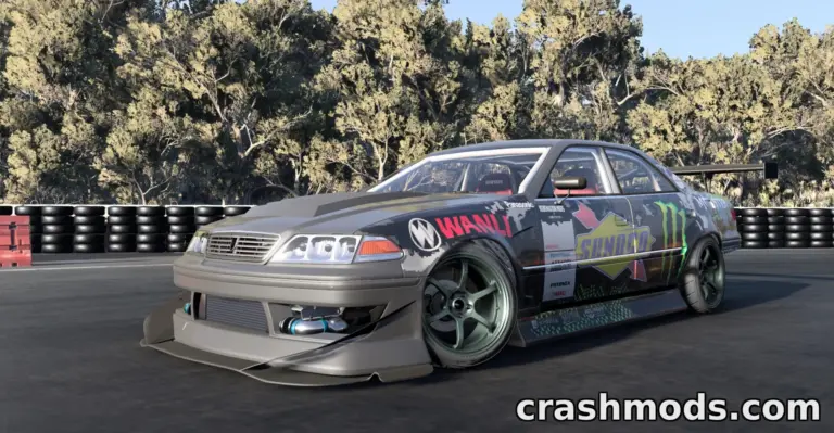 Toyota Chaser MKII mod for BeamNG.drive, featuring a custom paint job and aerodynamic body kit on a racetrack.