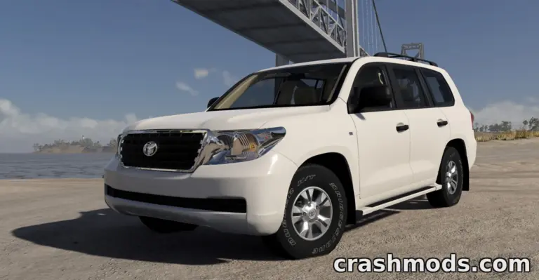 Toyota Land Cruiser 200 mod showcased in BeamNG.drive, parked near a bridge with a scenic background.