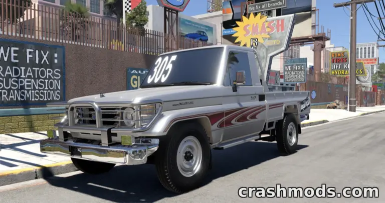 Toyota Land Cruiser 70 mod showcased in BeamNG.drive, parked on a vibrant urban street with detailed surroundings.