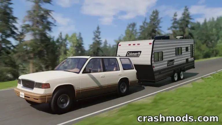 A white SUV tows a sleek Coleman travel trailer along a scenic road in BeamNG.drive, showcasing realistic modding details.