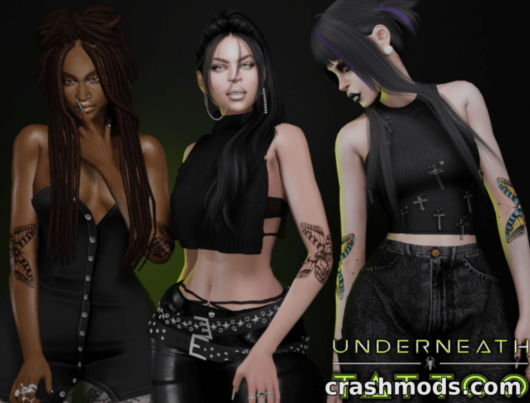 Three Sims showcase the "Underneath Tattoo" mod, featuring diverse styles and intricate body art.