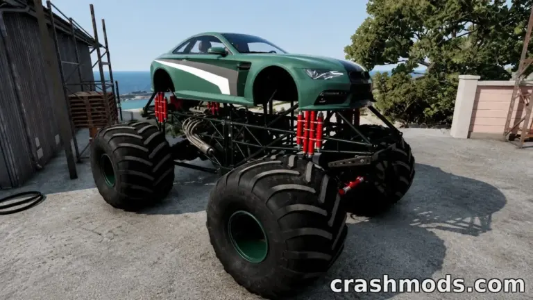 A green car mounted on a massive monster truck frame, showcasing detailed modding for BeamNG.drive.