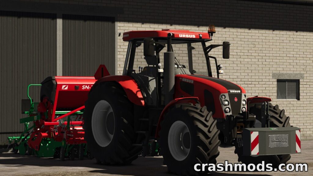 Red Ursus 15014 tractor equipped with a green seed drill, ready for farming in Farming Simulator 25.