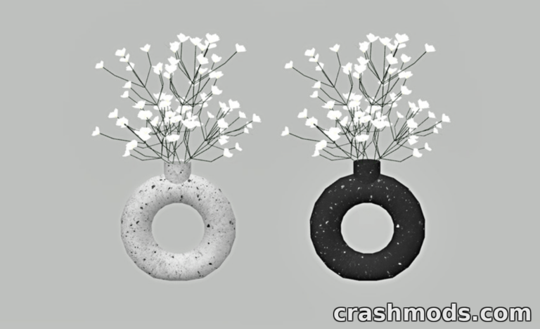Two modern vases in gray and black, each filled with delicate white flowers, showcasing the "Vase with Flower" mod for The Sims 4.