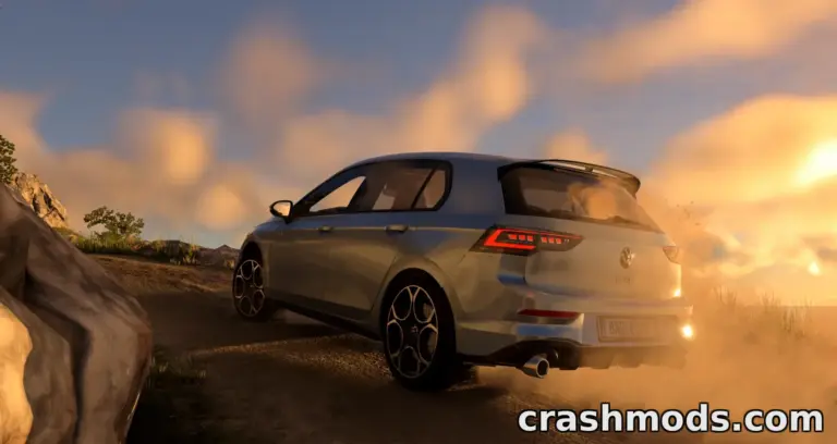 Volkswagen Golf 8.5 GTI/R/Clubsport drifts on a dirt road, kicking up dust under a sunset sky in BeamNG.drive.