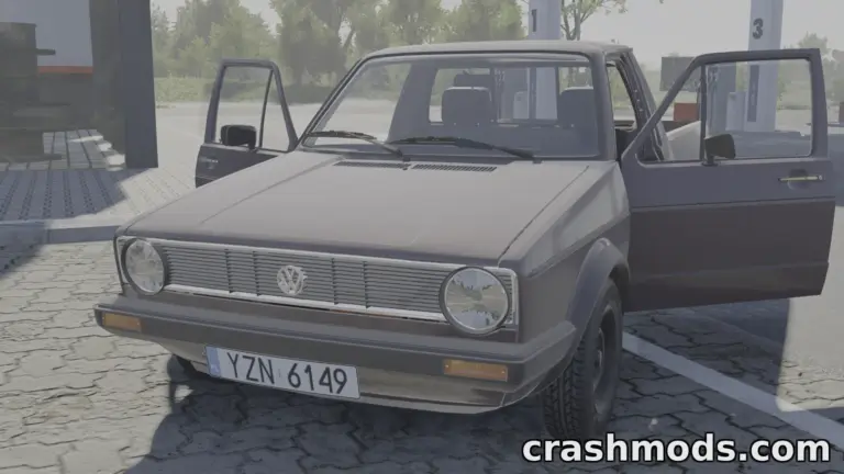A modified 1980s Volkswagen Golf MK1 parked at a gas station in BeamNG.drive, showcasing detailed exterior and open doors.