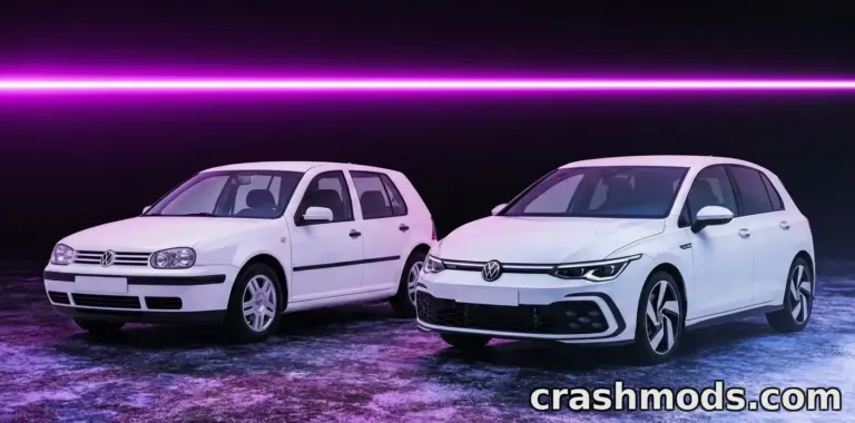 Two Volkswagen Golf models, MK4 and MK8, showcased side by side in a vibrant, neon-lit environment.