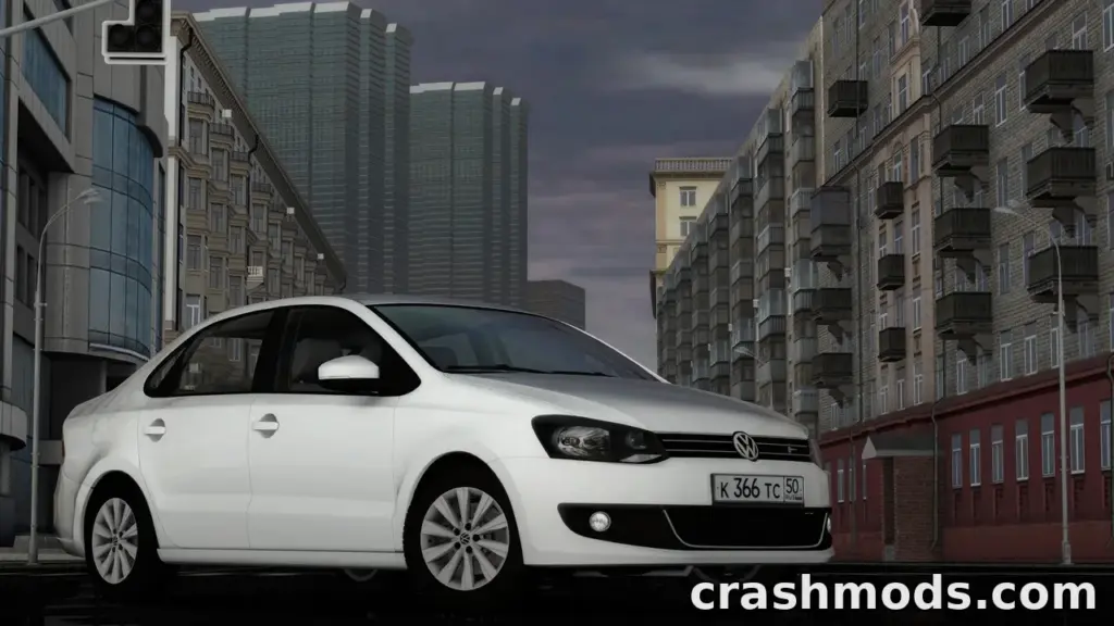 A sleek white Volkswagen Polo 2010 parked on a city street, showcasing urban architecture in the background.