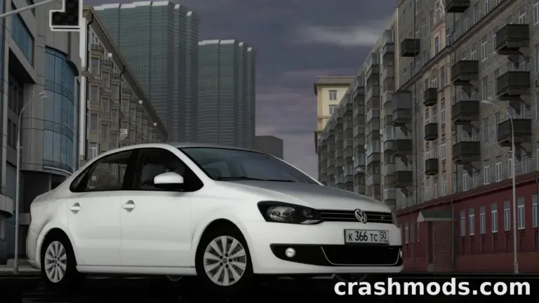 A sleek white Volkswagen Polo 2010 parked on a city street, showcasing urban architecture in the background.