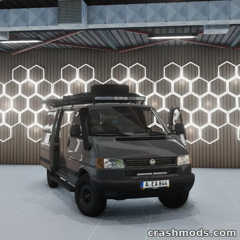 The VolsWagen T-Wagen 1990-1999 mod showcases a rugged van in a modern garage setting, highlighting its detailed design.
