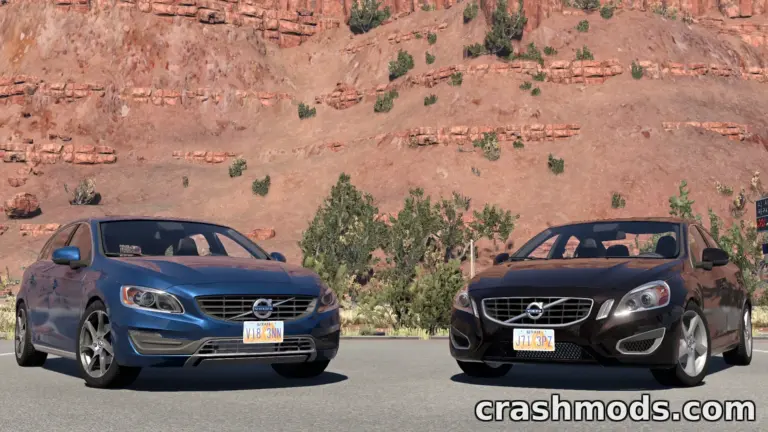 Two Volvo S60 and V60 cars parked side by side against a scenic rocky backdrop in BeamNG.drive mod.