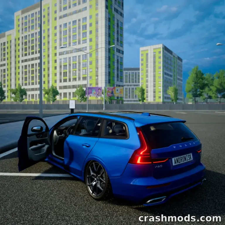A blue Volvo V60 mod for BeamNG.drive parked with an open door, set against a modern city backdrop.