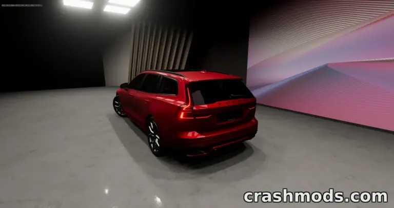 Red Volvo V60 showcased in a sleek, modern environment, highlighting its extreme high graphics in BeamNG.drive.