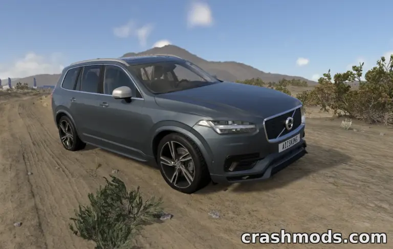 The 2015–2019 Volvo XC90 is showcased off-road in BeamNG.drive, highlighting its sleek design and rugged terrain capability.