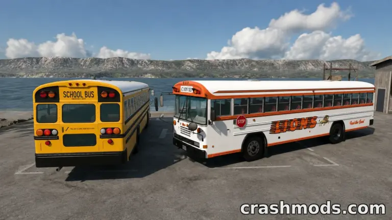 Two school buses side by side in BeamNG.drive, showcasing the Wentward S3 mod's detailed designs and textures.