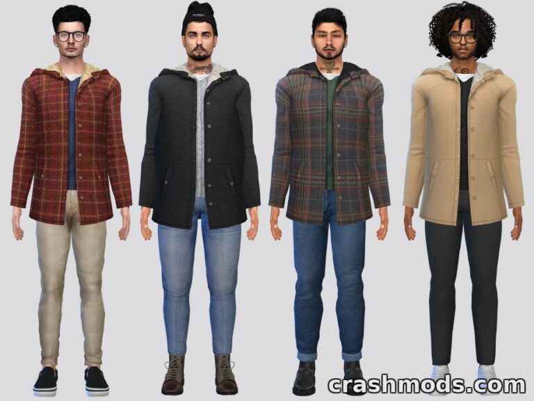 Four male Sims showcase the "Wool Coat Jacket" mod in various colors and styles, standing in casual poses.