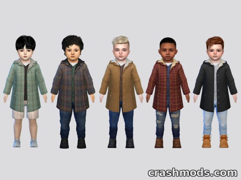 Five toddlers in stylish wool coat jackets, showcasing various colors and patterns for The Sims 4 mod.