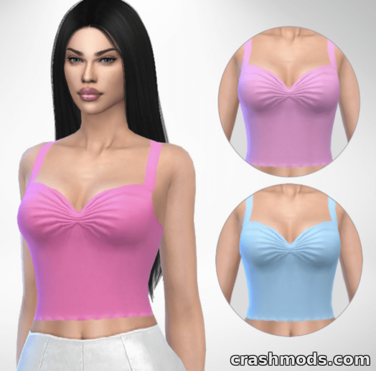 A Sims 4 character models a stylish Y2K tank top in pink and blue, showcasing trendy modded fashion options.