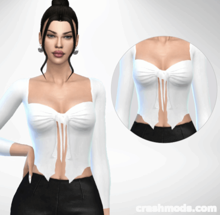 A Sims 4 character models a stylish white top with a bow detail, showcasing a trendy, modern look.