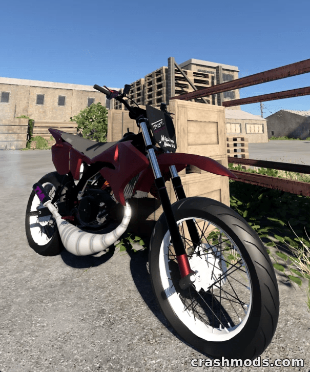 A customized Yamaha DT50 motorcycle parked beside wooden crates in a detailed urban environment, showcasing modded features.