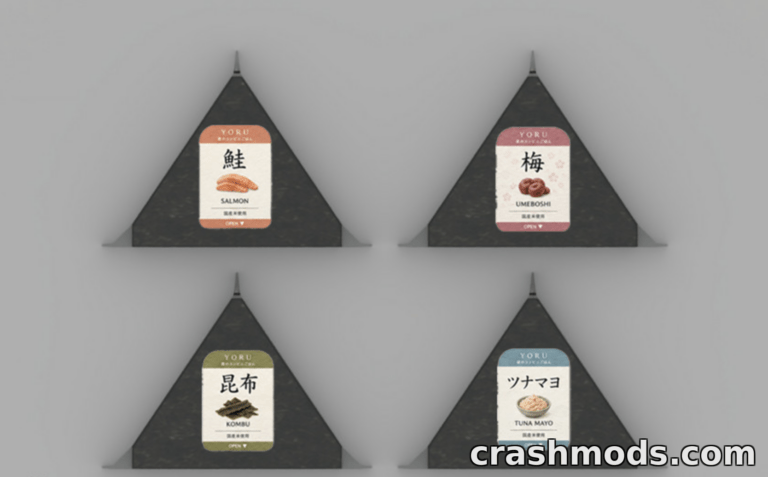 Four triangular rice ball packages labeled with various flavors: salmon, umeboshi, kombu, and tuna mayo for The Sims 4 mod.
