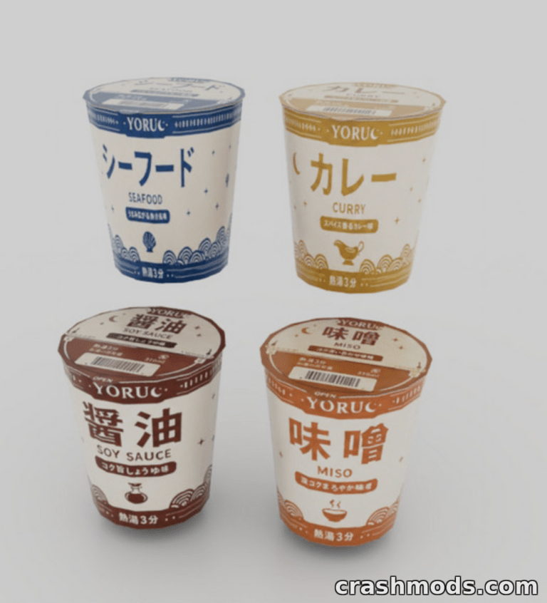 Four instant noodle cups featuring seafood, curry, soy sauce, and miso designs for The Sims 4 mod "YORU Pasta Noodle Pack."