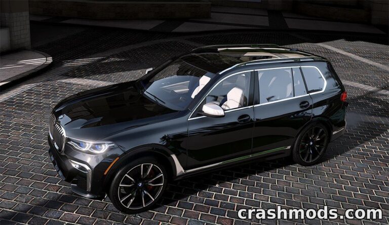 2020 BMW X7 mod for GTA 5 showcases a sleek black luxury SUV parked on a cobblestone street.