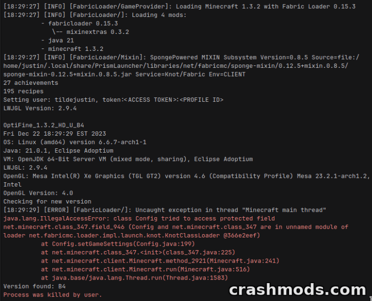 Screenshot of Minecraft modding console displaying loading errors for "AccessWidener Loader" and related configurations.