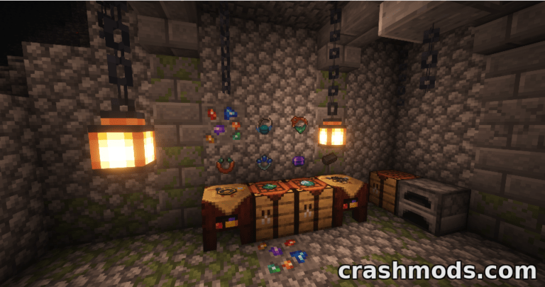 A cozy Minecraft modding workshop displays various colorful jewelry pieces on the wall and crafting tables.
