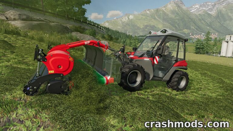 AEBI TT 281+ tractor mows grass on a hillside in Farming Simulator 22, showcasing realistic farming mechanics.