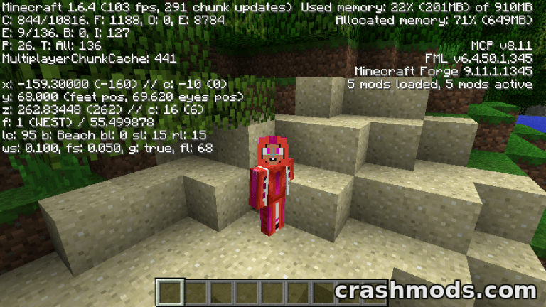 A player character in a vibrant skin stands on sandy terrain in Minecraft, displaying mod details and performance stats.