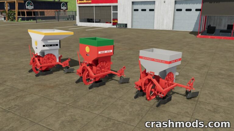 Three potato planters from the "AGROZET SA2-074" mod for Farming Simulator 22, showcasing vibrant colors and detailed design.