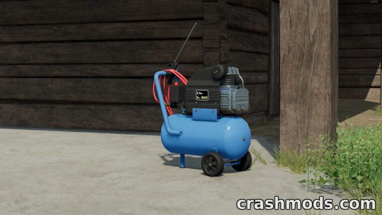 Blue stationary air compressor with hoses, positioned near a wooden barn in Farming Simulator 22.