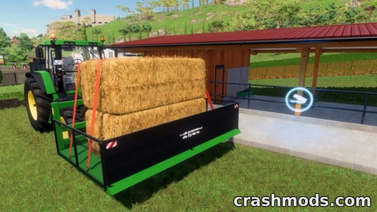 A tractor loads hay bales onto a 3x4m platform, ready for transport in Farming Simulator 22.