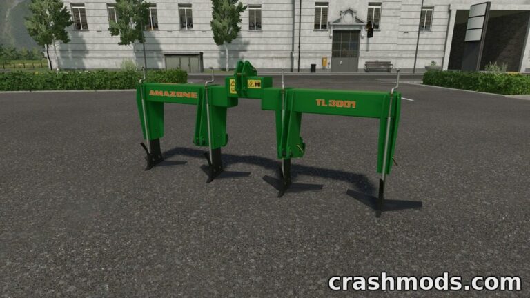 Amazone TL3001 subsoiler displayed in a parking area, showcasing its three robust tines for efficient soil cultivation.