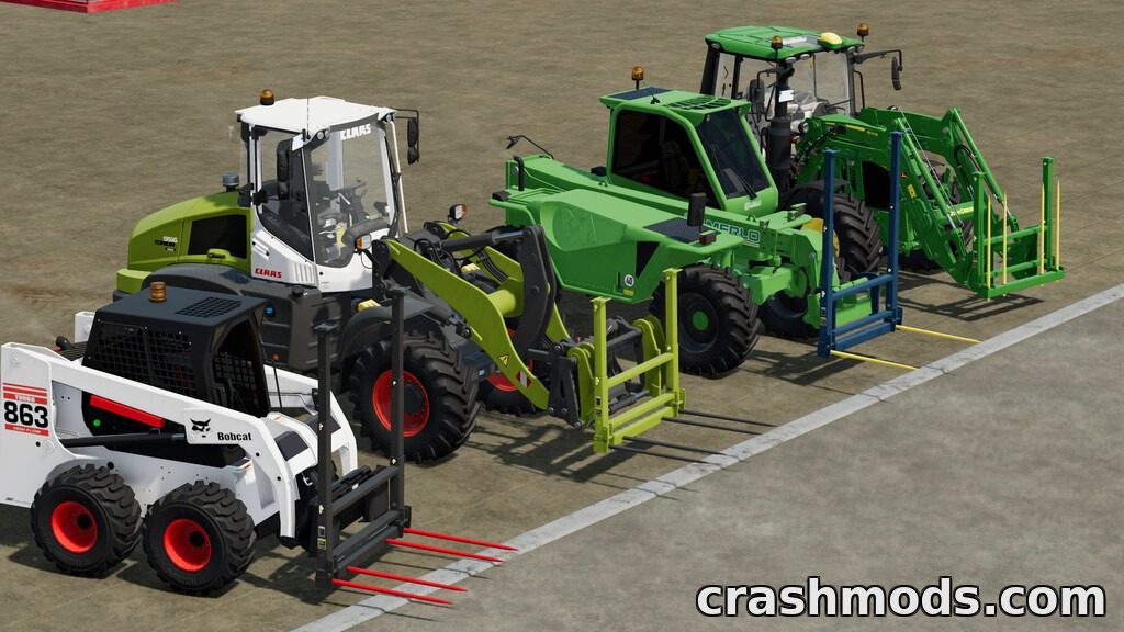 Showcasing various front loaders equipped with the Bale Spike mod for Farming Simulator 22, ready for bale handling.