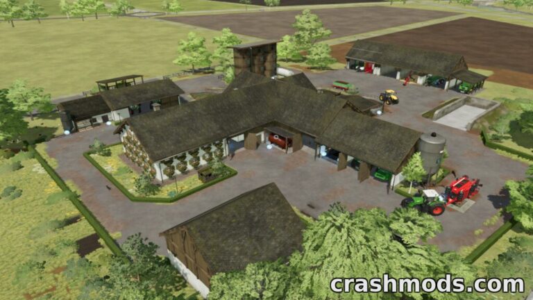 Aerial view of the Bavarian Farm Pack, showcasing a detailed placeable farmyard with buildings and equipment.