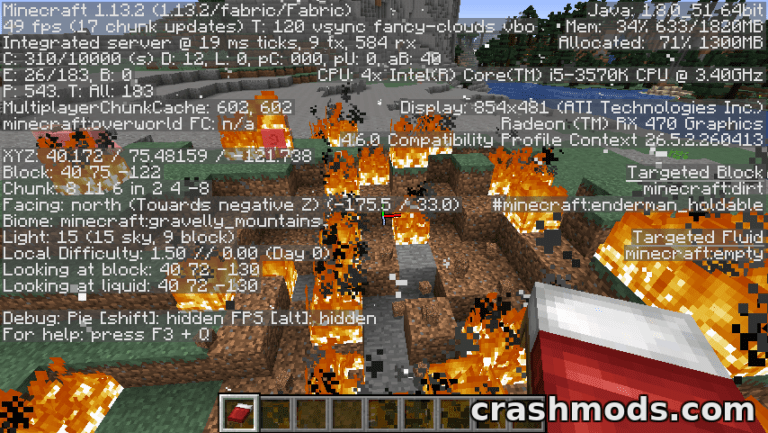 Minecraft scene showing beds exploding in flames, creating chaos in a mountainous landscape.